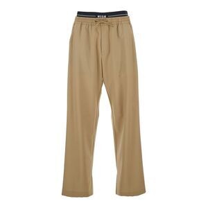 Msgm Men Beige Pants With Elastic Drawstring Waist In Wool Stretch Man